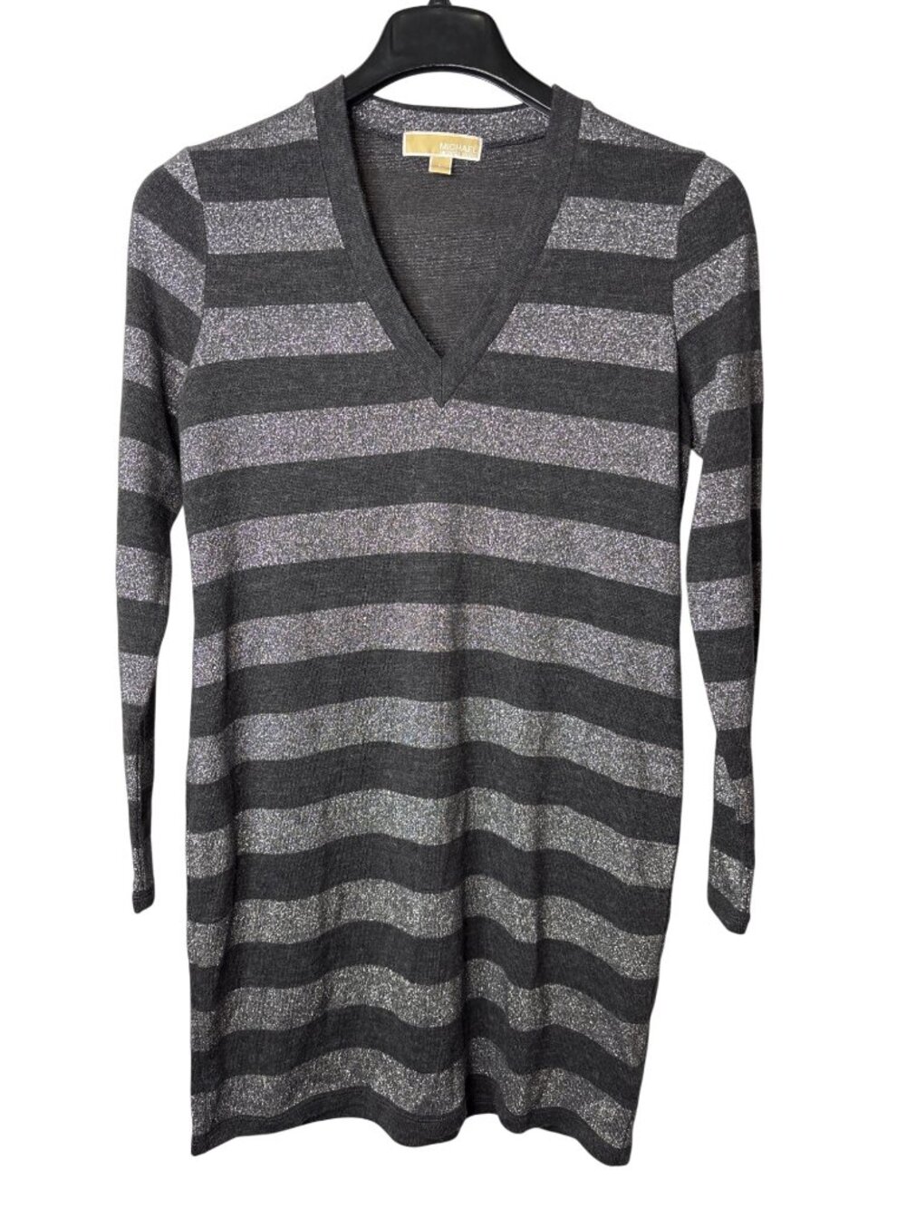 Michael Michael Kors Sweater Dress L Above Knee Striped Grey Silver Metallic